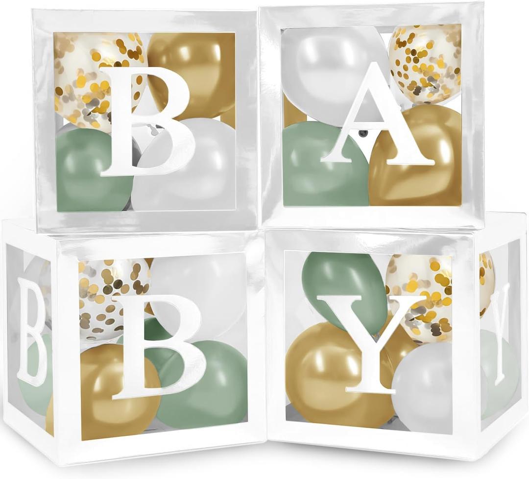 Baby Shower Boxes with Letters  White Boxes with Sage-Green, Gold, Gold Confetti, and White Balloons  44-Piece Gender Reveal & Party Decoration Set by Vellax