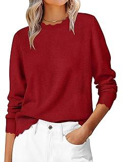 ANRABESS Sweaters for Women Loose Fit Lightweight Soft Dressy Scalloped Long Sleeve Pullover Tops 2025 Fall Casual Outfits  M, Red