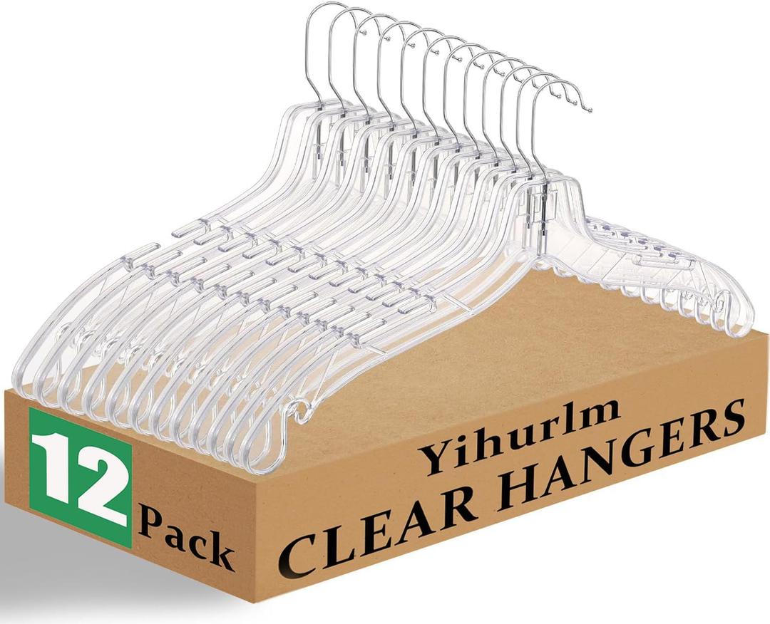 12 Pack Clear Plastic Hangers,Clear Hangers with 360 Swivel Metal Hook,Shirt Hanger Coat Hangers,Heavy Duty Hangers Dress Hangers for Clothes Shirts Dresses,16.7 Inch