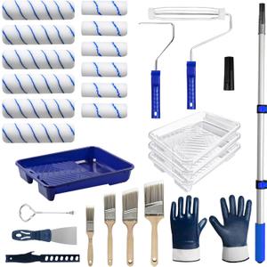 28 PCS Paint Roller Kit with Extension Pole, 4"and 9" Paint Roller, Including Gloves, Paint Tray, Flat Paint Brush, Scraper, etc., for Professional House Painting & Oil Paints