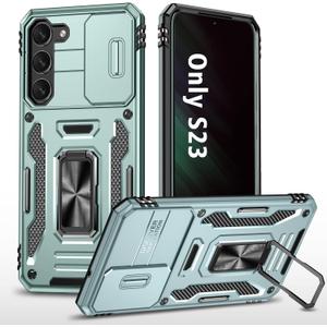 ANGELAS Shockproof Phone Case for Samsung Galaxy S23 - Silicone TPU Bumper with Anti-Fall Protection,Slide Camera Cover & Rotating Ring Kickstand,6.1Inch,Alpipne Green