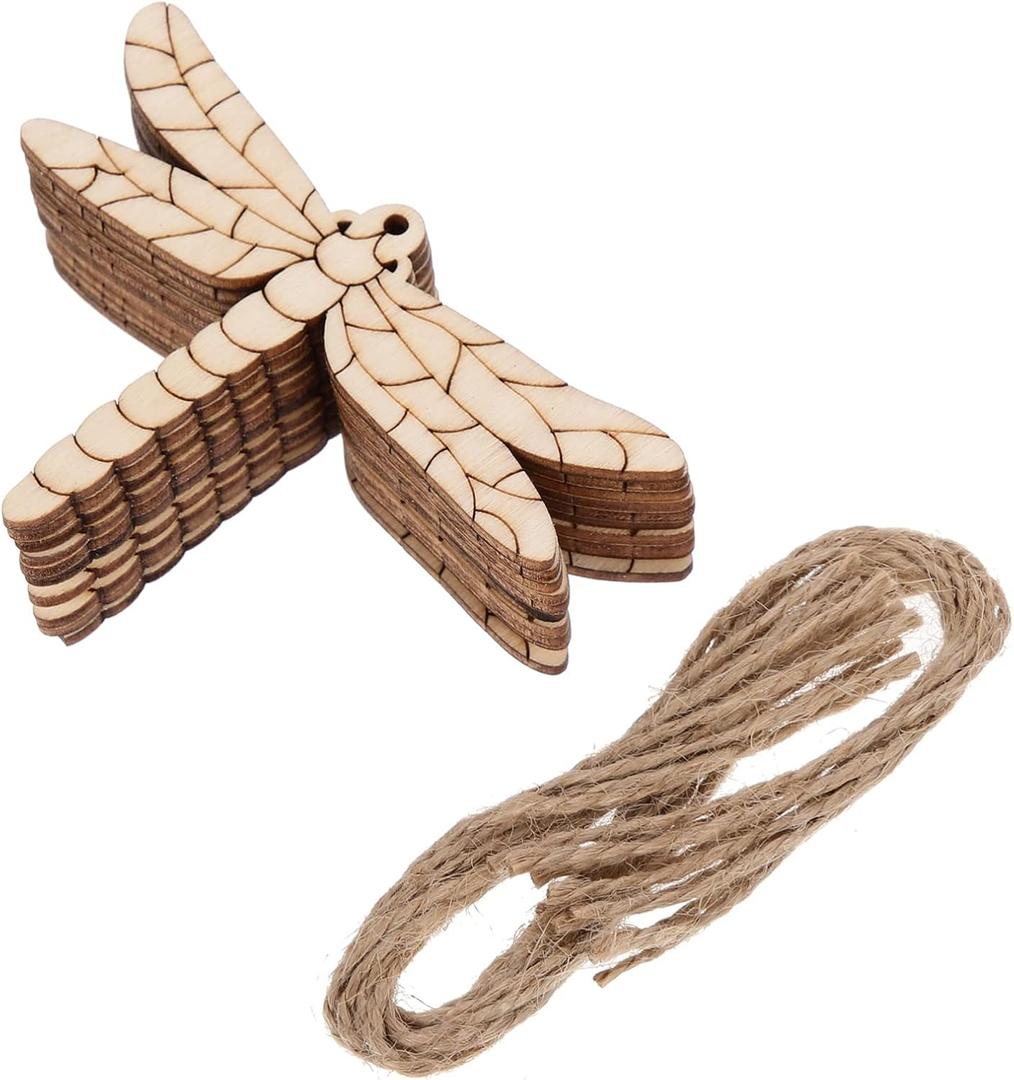 HEALLILY Blank Wooden Ornaments 50 Pcs Unfinished Wood Slices, Christmas Ornaments Wood Kit, Natural Wooden DIY Crafts with Rope for Xmas Holiday Hanging Decorations Wooden Dragonfly Decorations 1