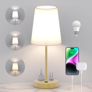 Bedside Table Lamp for Bedroom, 3-Way Dimmable Lamp with AC Outlet and USB C Charging Ports(PD 20W), Lamps with Shade for Night Stands, Living Room, Desk, and Home Office