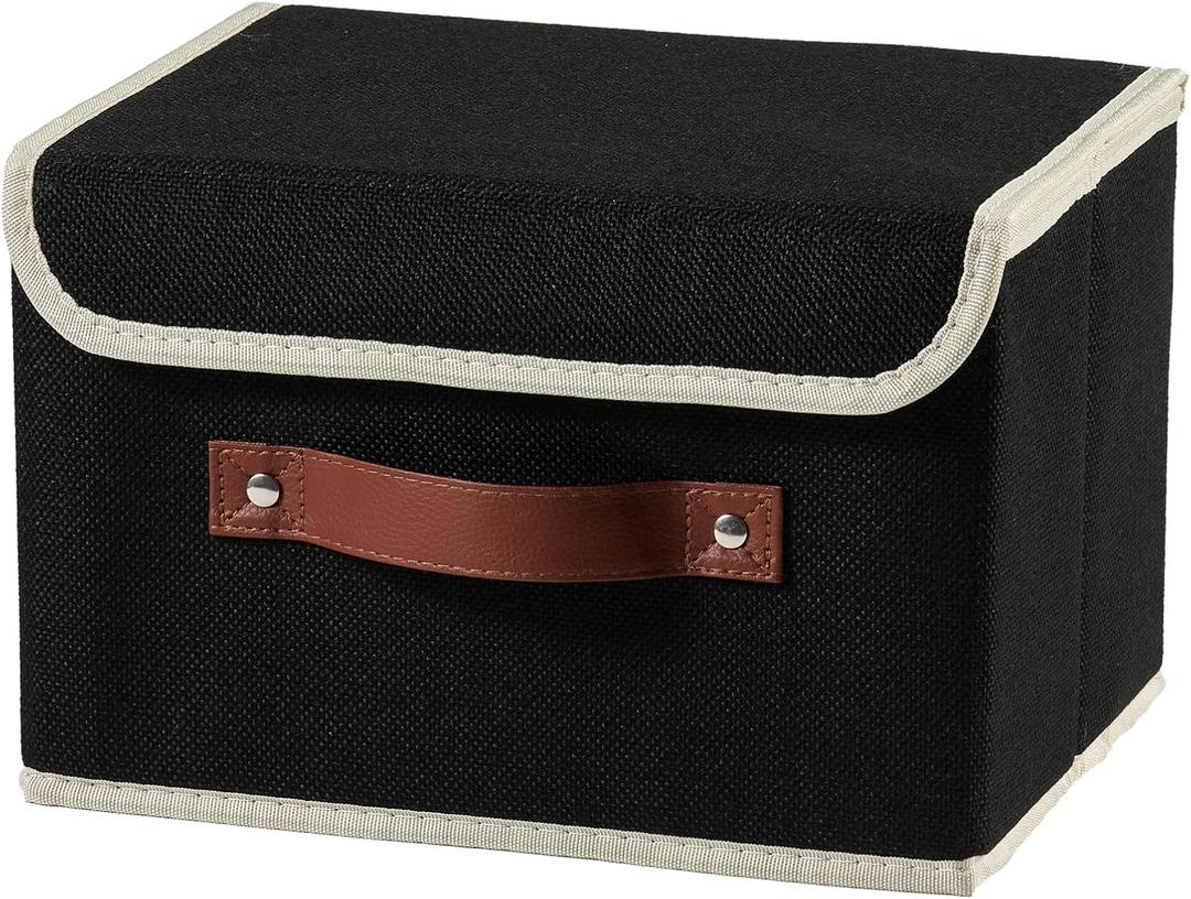 Storage Boxes with Lid Cotton Linen Fabric Storage Bins Organizer Container Decorative Collapsible Washable Shelf Baskets Faux Leather Handles for Home Bedroom Closet (Black, Small Size)