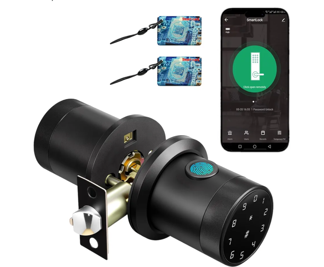 Fingerprint Door Knob, Keyless Entry Smart Door Knob with Touchscreen Keypad, Key FOB, App Control, Auto Lock, Voice Prompts, 300+ User Capacity, Door Lock for Bedroom, Gate, Office, Matte Black