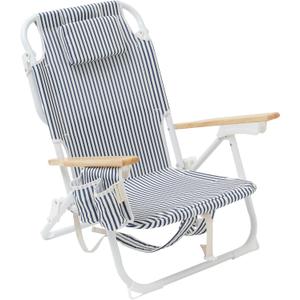 SUNNYLiFE Luxe Reclining Beach Chair with Insulated Cooler Pocket | 6 Positions Incl. Flat, Oak Armrests, Backpack-Ready | The Resort Coastal Blue