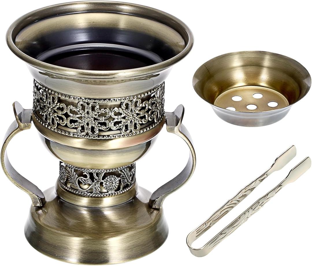 JUXYES Vintage Incense Burner Holder with Ash Catchers and Tongs, Metal Censer Antique Charcoal insencents Burner Zinc Alloy Spiritual Aromatherapy Yoga Meditation Retro Home Decoration