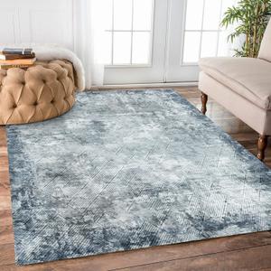 5' x 7' Washable Area Rug - Low Pile Soft Vintage Indoor Rug for Living, Dining or Bedroom - Lightweight Carpet with Non-Slip Backing - Foldable for Easy Placement, Blue