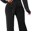 Lachmose Women Jumpsuits Elegant Long Sleeve Sexy V Neck Casual Long Wide Leg Pants with Belt Floral Print Medium