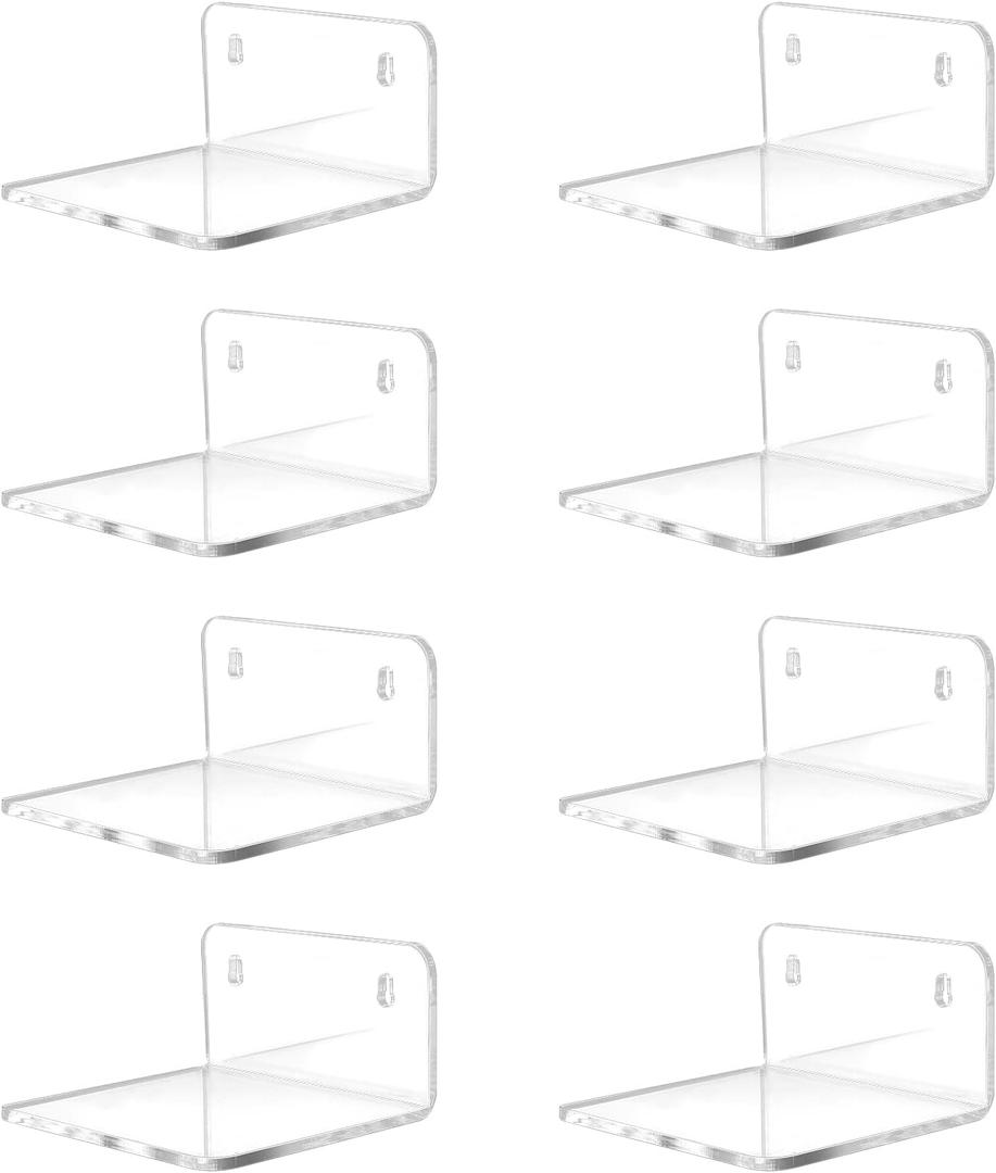 Acrylic Small Shelf, Mini Floating Wall Shelf, Wall Mounted Storage Shelf, for Pop Figures, Plant, Picture Photo Modern Wall for Office Bedroom Living Room, Clear (8 Pack)