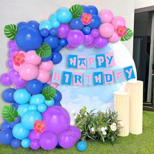 Cartoon Birthday Party Balloon Arch Garland Kit,Purple Blue Pink Balloons with Palm Leaves for Hawaii Tropical Party Supplies Baby Shower Decorations