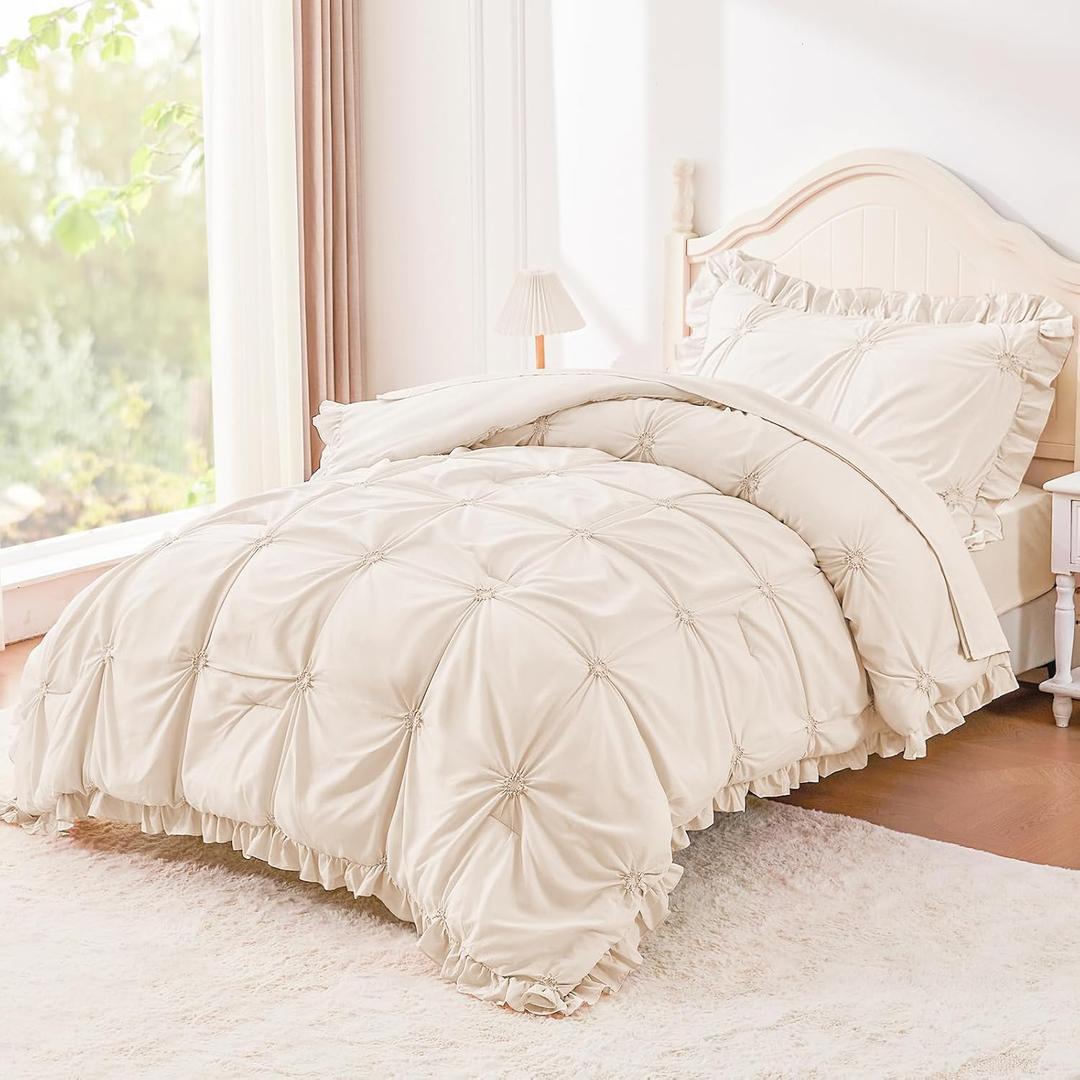 Twin Comforter Set for Girls, Boho Pintuck Bedding Comforter Sets, 4 Pieces Ruffles Jacquard Embroidery Twin Bedding Sets with Comforter, Fitted Sheet, Flat Sheet and Pillowcase, Beige