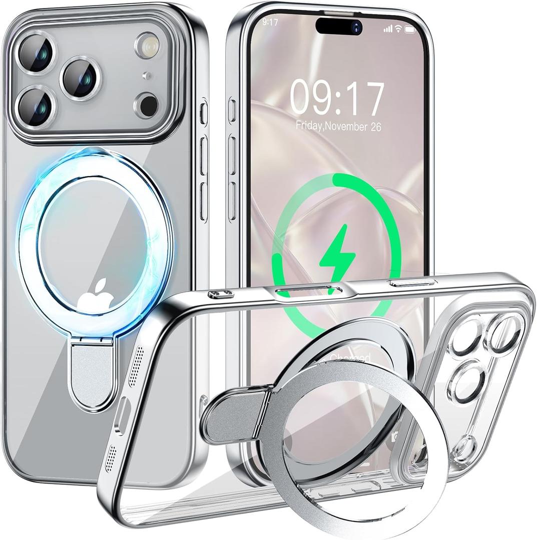 Magnetic for iPhone 17 Pro Max Case with Invisible Stand[Compatible with MagSafe][Full Camera Lens Protector][Military Drop Protection] Shockproof Not Yellowing Clear Slim Soft for Women Men (Silver)