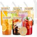 sungwoo 8PCS Glass Cups with Bamboo Lids and Straws, 16OZ Ice Coffee Cup, Drinking Cup set with Wooden Lids, Home Essential Glass Tumblers for Beer, Cocktail, Tea and Latte Clear