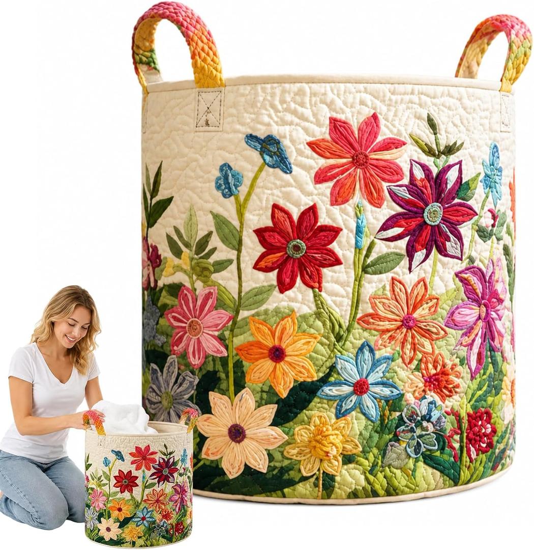 Laundry Baskets with Handles, Totes bags, Hampers, Large Quilted Laundry Basket, Fabric Soft Storage Baskets for Nursery, Bedroom, Laundry Room (style 1)
