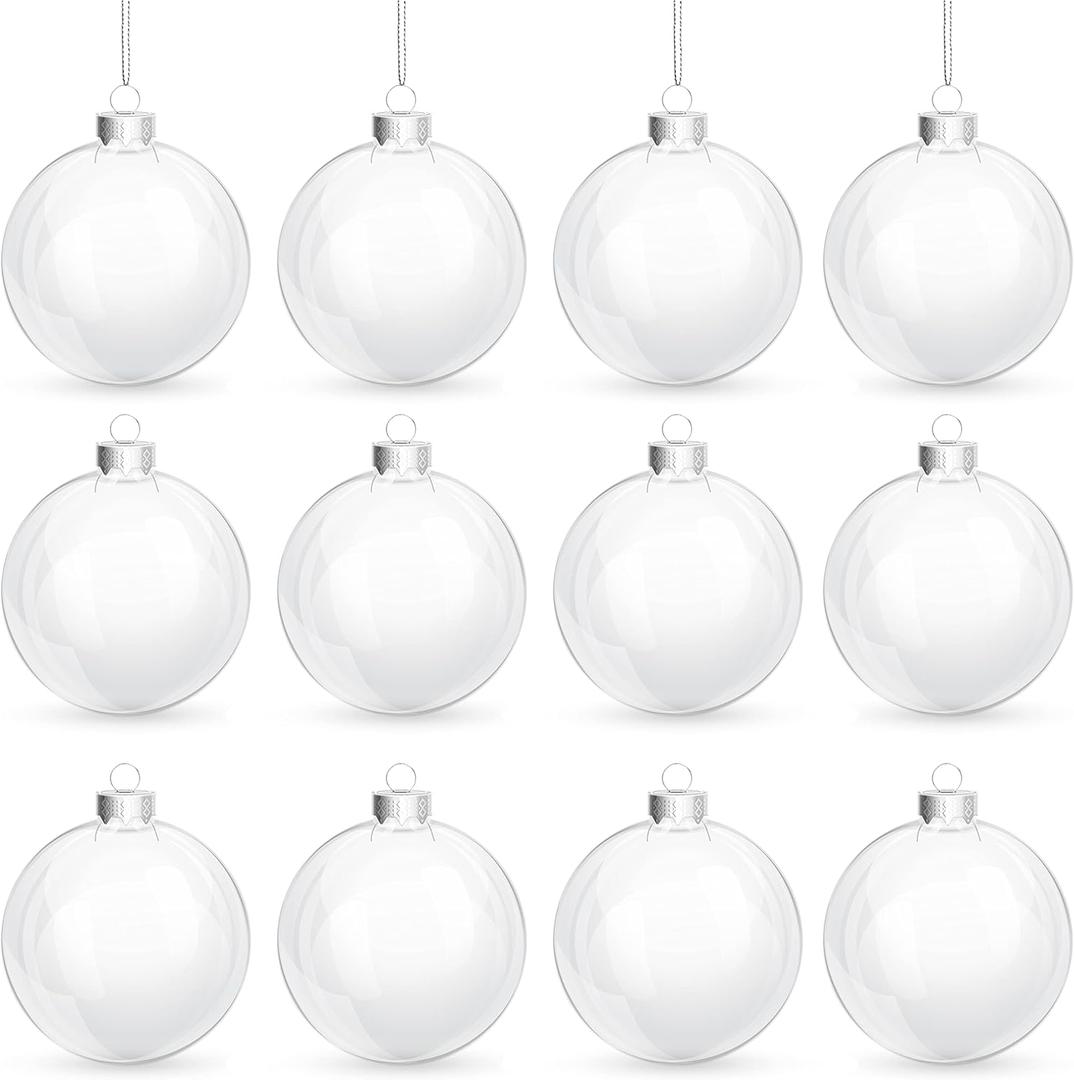 4E's Novelty Clear Plastic Ball Ornaments for Crafts Fillable - Pack of 12 Bulk, 80mm 3.15" Transparent Shatterproof Christmas Ornaments for DIY Crafts to Paint Or Fill