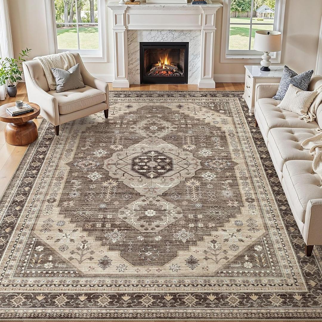 Washable 10x14 Area Rugs for Living Room: Soft Vintage Brown Rug | Non Slip Stain Resistant Indoor Carpet for Bedroom Dining Room Nursery Farmhouse Nursery Home Office Kid & Pet Friendly
