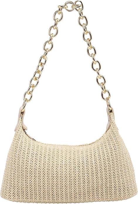 Women's Straw Woven Metal Chain Underarm Bags Small Zipper Beach Boho Shoulder Handbags Light Apricot