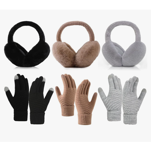 Winter Ear Muffs Gloves Set, 2 Pcs Adjustable Faux Fur Earmuffs and 3Pcs Elastic Cuff Knit Gloves for Adult, Gray And Brown