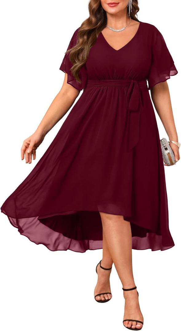 Plus Size Dresses Wedding Guest - Formal Cocktail Chiffon V Neck Short Sleeve High Low Dress Curvy Women (Wine Red)