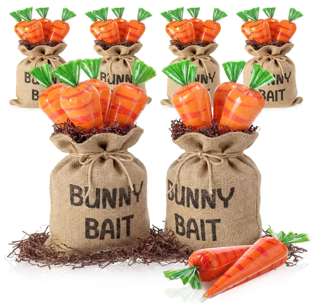 Ferrochef 23 Pcs Easter Carrot Shape Treat Gift Bags Set -20 Carrot Cellophane Cone Treat Bag + 3 Large Rustic Burlap Drawstring Bags (17.9x13.8 Inch) for Easter DIY Bunny Bait Egg Hunt Outdoor Favors