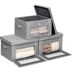 Thick Fabric Storage Bins with Lids, Collapsible Storage Box Closet Shelf with Clear Window, Decorative Baskets for Clothes, 3 Set, Grey, Medium