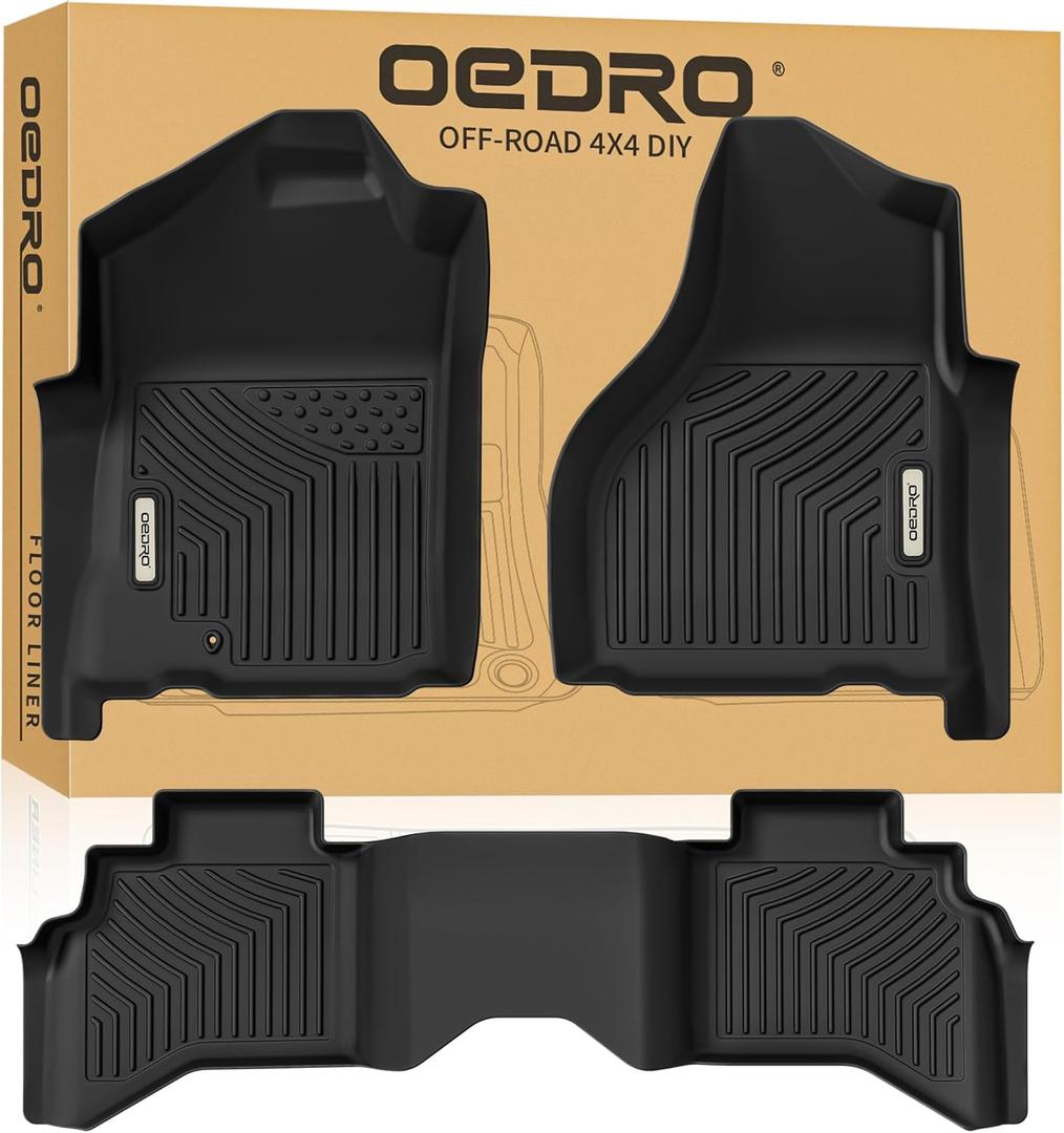 OEDRO Floor Mats Fit for 2002-2008 Dodge Ram 1500 Quad Cab, 2003-2009 Dodge Ram 2500/3500 Quad Cab, All Weather Floor Liners Unique Black TPE Front & 2nd Seat
