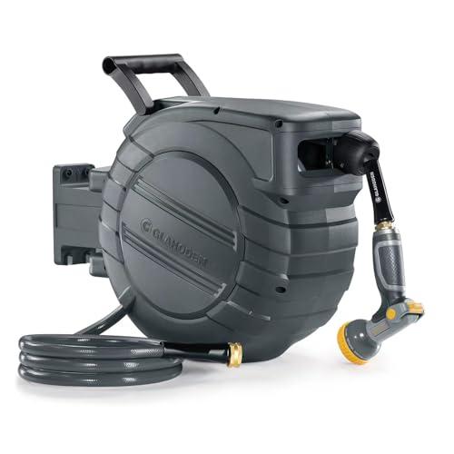 GLAHODEN Retractable Garden Hose Reel 1/2 in x 65 ft, 2025 Upgraded Dual Ratchet Lock UV & Freeze Protection Brass Seal Slow Retraction Anti-Tangle Hose 180°Swivel Reinforced Scaffold Wall Mount