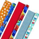Hallmark Birthday Wrapping Paper Rolls - Balloons, Stars, Cupcakes, Blue Stripes, Solid Red Gift Wrap Paper (Set of 3 Reversible Rolls: 75 sq. ft. ttl.)