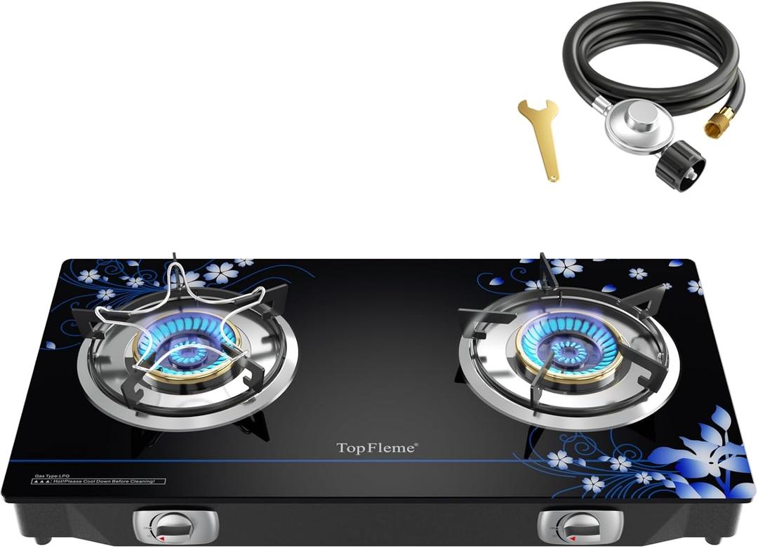 TopFleme 2 Burner Propane Stove 27,200 BTU High-Efficiency Tempered Glass Auto-Ignition Gas Burner Stove Top with CSA Hose for Outdoor RV Camping Emergency Cooking