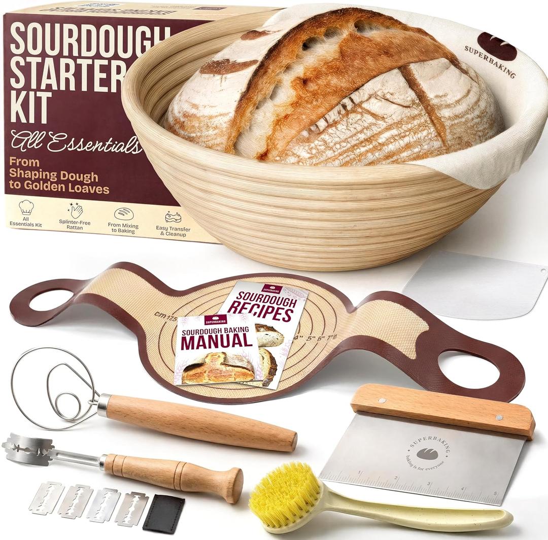 Superbaking Sourdough Starter Kit, 9" Round Banneton Bread Proofing Basket Set, Sourdough Bread Baking Supplies, Sourdough Tools with Silicone Bread Sling, Bread Making Tools, Baking Gifts