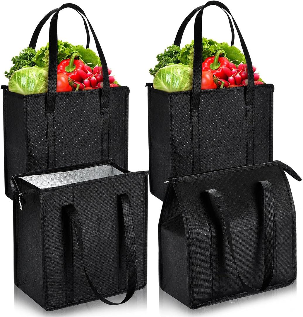 Paterr 4 Pcs Insulated Grocery Bags Large Reusable Insulated Cooler Bags with Zipper Top Shopping Totes for Hot or Cold Food (Black)