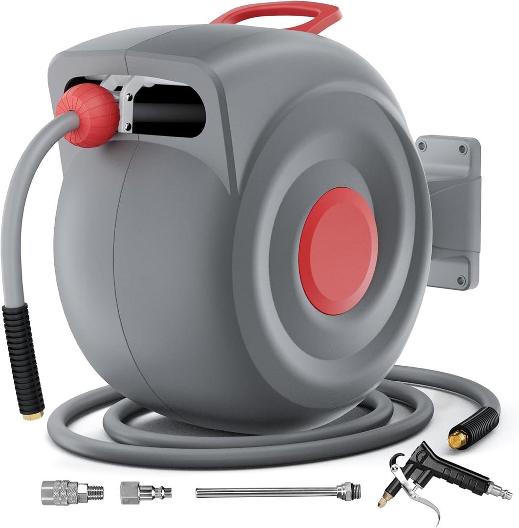 Retractable Air Hose Reel with Air Blow Gun, 3/8 In 65 ft Any Length Lock Air Compressor Hose Reel with Handle,180 Swivel Wall Mount for Garage