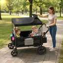4 Seater Wagon Stroller for Kids, Collapsible Wagon Stroller with Removable Canopy, Foldable Stroller Wagon with Seat and Storage Pocket for Baby Toddlers Black