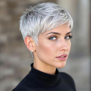 Platinum Pixie Cut Synthetic Wig, Short Silver Gray Hair, Textured Layered Style Synthetic Short Pixie Wigs for Women