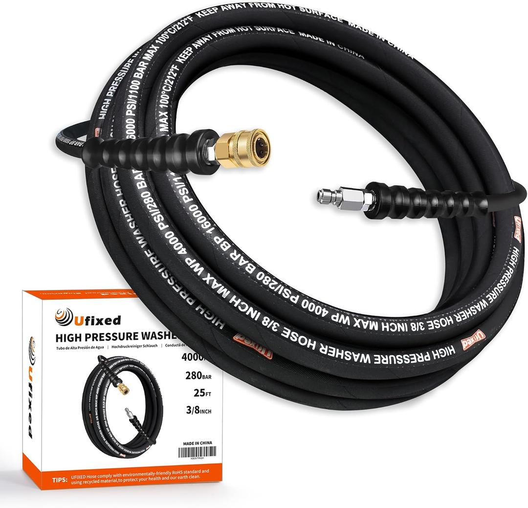 3/8” Pressure Washer Hose 25FT 4000psi,Rubber Hose,Quick Connect,360° Swivel,Kink-resistant,Heavy Duty,Black