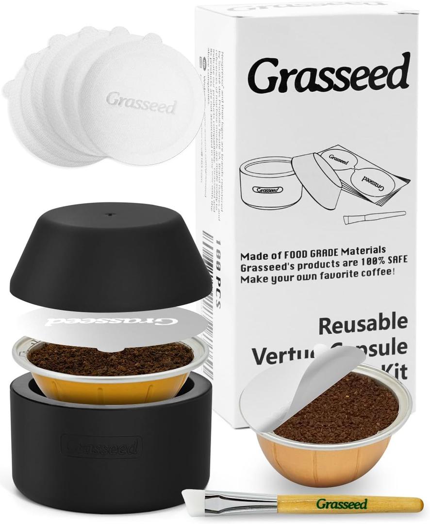 Grasseed Reusable VertuoLine Capsule Kit for Nespresso Pods with 100Pcs Aluminum Foil Seals Lids, Refillable Coffee Pods for VertuoLine to Refill Pods