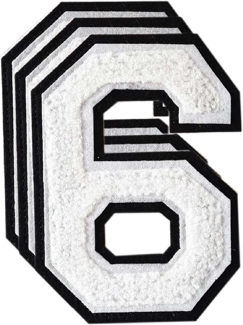 3PCS White Chenille Numbers Patch, Large Size 4-1/2" Iron on Number Patches Varsity Patches for Clothing, 6 (White Black Edge)
