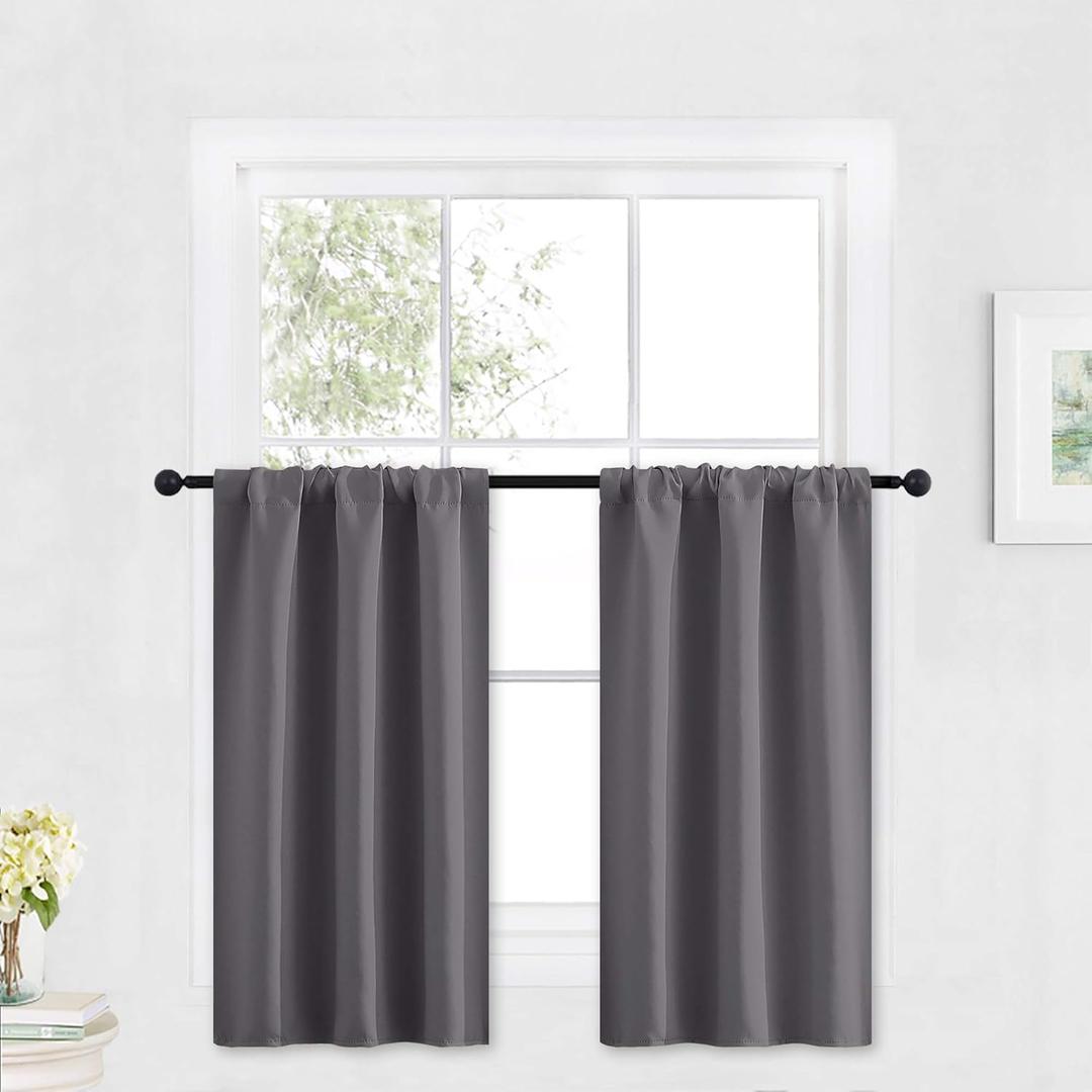 RYB HOME Blackout Tier Curtains for Kitchen, Solid Half Window Curtain Tiers for Bedroom Energy Saving Privacy Shade for RV Camper Bathroom Basement, Width 29 x Length 30 inches, Grey, 2 Pieces