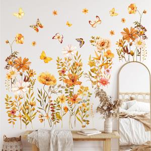 2 x Whaline Fall Flowers Wall Stickers Boho Floral Butterfly Wall Art Decals Self-Adhesive Wallpaper Stickers for Girls Bedroom Living Room Nursery Decoration, 6 Sheet