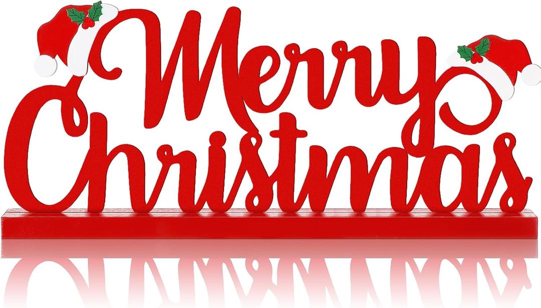 Realspring Merry Christmas Metal Sign Red Christmas Table Decoration Xmas Tiered Tray Decor Freestanding Metal Word Sign with Wooden Base for Xmas Home Tabletop Centerpiece Mantel Fireplace