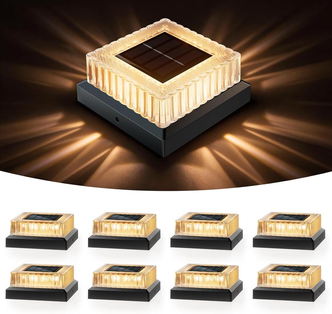 APONUO Solar Post Cap Lights, 8-Pack Fence Post Solar Lights with 20 Lumens 3-Sided Panoramic Glow, IP65 Waterproof Fence, Deck, Patio, Garden Decor, Easy No-Tool Install for 4x4 Posts, Black, 8 Pack