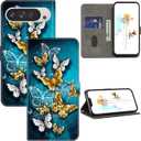 ALILANG for Google Pixel 9 Pro XL Wallet Case with Credit Card Holder, Flip Book PU Leather Protective Magnetic Cover for Pixel 9 Pro XL Case-Green Butterfly
