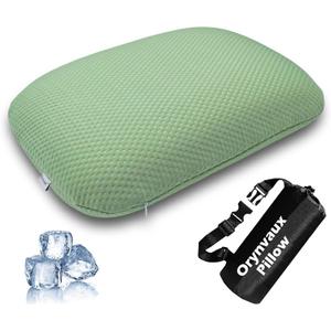 Cooling Camping Pillow, Memory Foam Travel Pillow with Adjustable Buckle Strap & Storage Bag, Compact Small Pillow for Airplane, Car Lumbar, Office, Washable Cooling Cover, Canopy Green