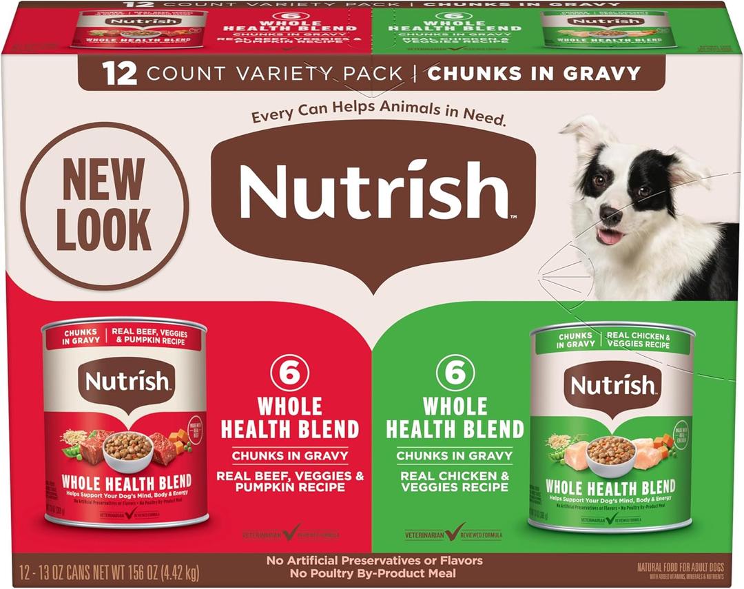 Nutrish Whole Health Blend Chunks in Gravy Variety Pack Wet Dog Food, 13 oz. Can, 12 Count (Rachael Ray) (EXP 01/05/28)