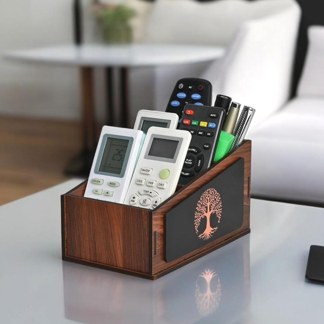 GKD Remote Stand with 3 Sections | Wooden Remote Holder for Living Room, TV, and AC | Stationary Organizer | 3 in 1 | Ideal for Home and Office, New Year Gift, Housewarming Gift (Tree Wood)