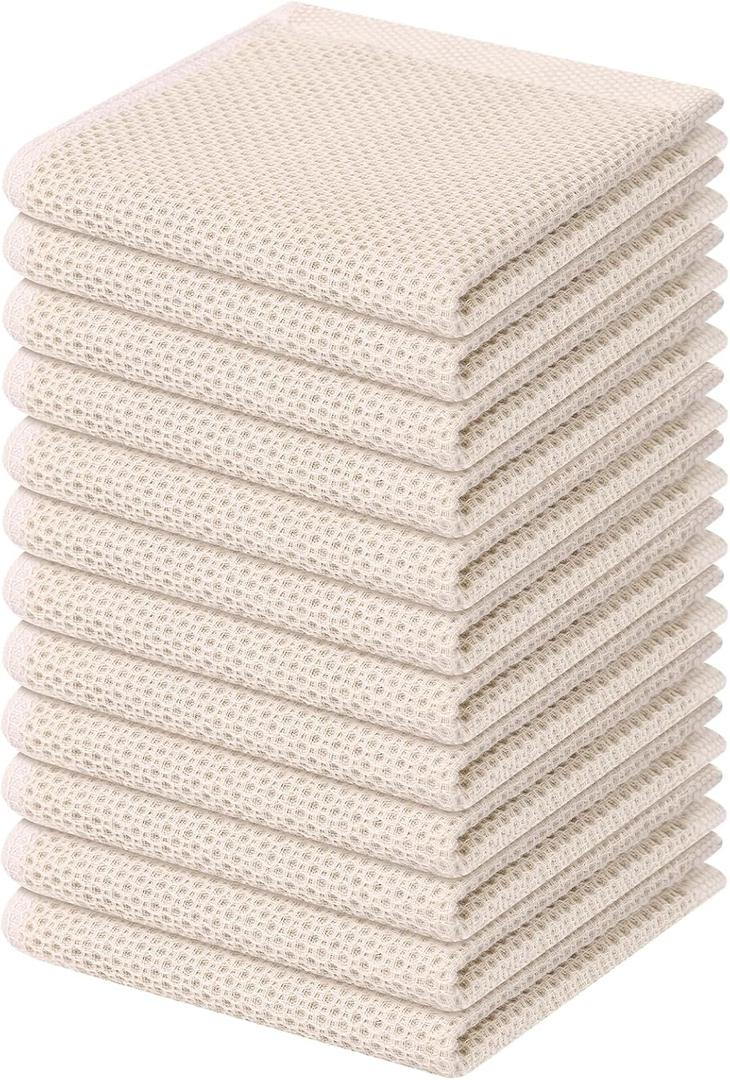Kitinjoy 100% Cotton Kitchen Dish Cloths (12 X 12 Inches, Beige), 12 Pack Waffle Weave Ultra Soft Absorbent Dish Towels for Drying Dishes Quick Drying Kitchen Towels Dish Rags