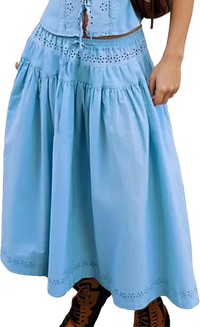 Women Summer Boho Maxi Skirt Tie Front Flowy Hollow Eyelet High Waist Long Skirts Fashion Clothes 2026, Small