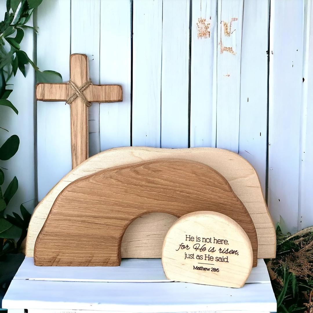 2024 New Empty Tomb Easter Decor Easter Resurrection Scene and Cross Decoration Set, He is Risen and He is not here Wooden Jesus Sign Tomb Easter Tray Easter Tray Decor for Home Tabletop Office (A)
