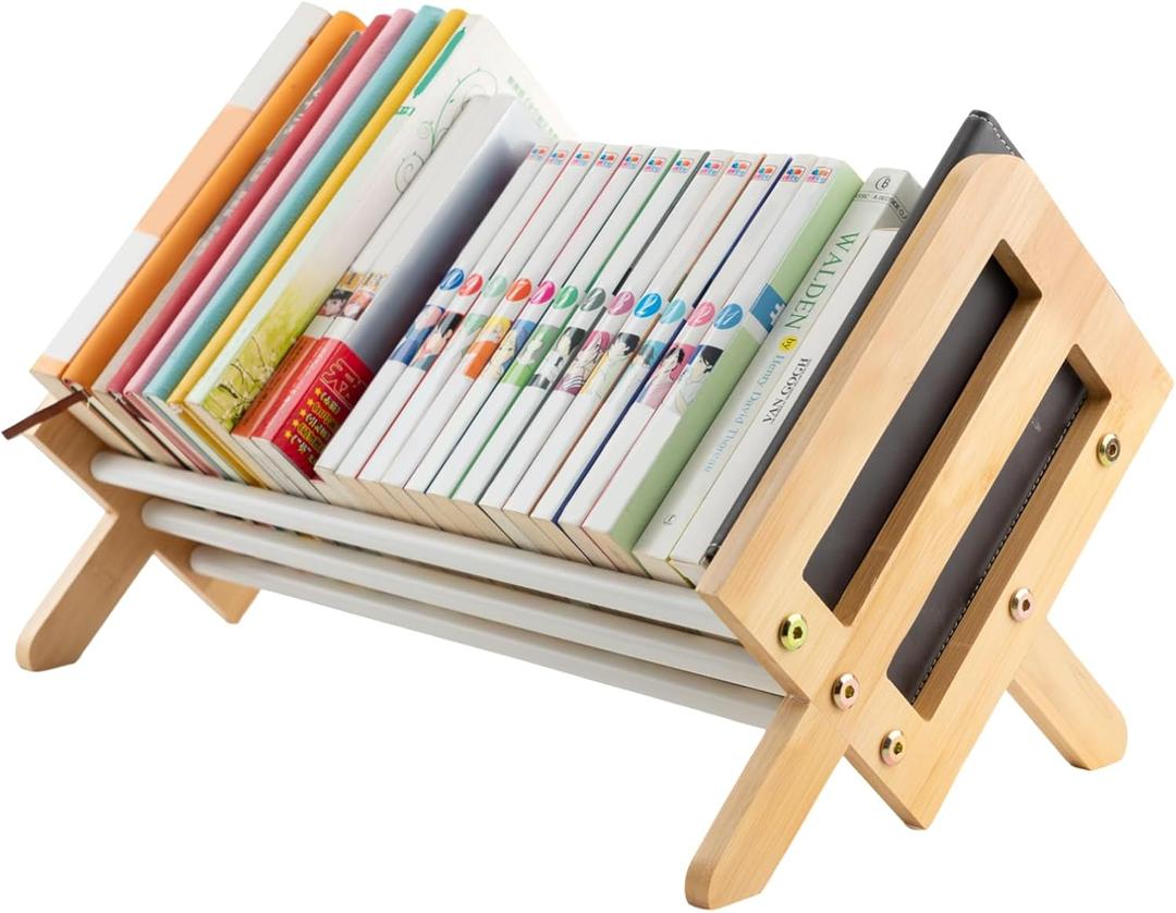 Desktop Bookshelf, Wood Tilting Bookcase with Iron Rack, Book Organizer for CDs/Magazine/Books Display, Storage Rack in Living Room/Studyroom/Home/Office (Yellow&White, 19.68")
